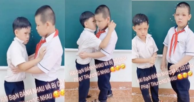 2 cậu bé xích mích bị cô giáo “lầy lội” phạt thơm má để hòa giải: Ghét lắm vẫn phải thơm đến tội