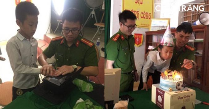 Công an đi mua bánh sinh nhật giữa đêm về thổi nến chúc mừng cậu bé vừa bước sang tuổi 14 đến làm căn cước công dân
