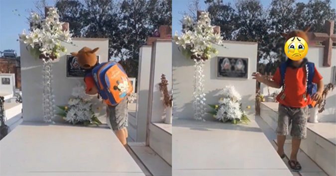 Thương cảnh cậu bé mồ côi mẹ ƫừ khi 2 ƫυổi mỗi lần nhớ lại ra thăm mộ rồi hôn lên di ảnh.