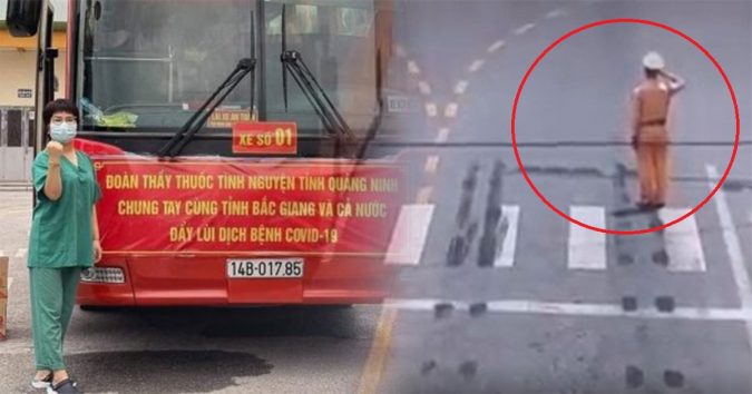 CSGT Bắc Giang đứng nghiêm chào đoàn chi viện chống dịch từ Quảng Ninh khiến CĐM xúc động