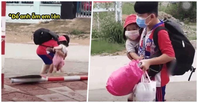 Cha mẹ đều đã nhiễm, bé trai một tay ẵm em, xách đồ lỉnh kỉnh vào khu cách ly: “Không có cha mẹ thì anh lo”