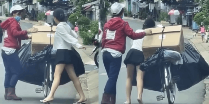 Khoảnh khắc cô gái trẻ xinh đẹp chạy ra đường đón mẹ đi thu lượm ve chai gây bão MXH