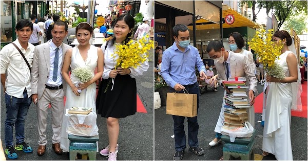 Cặp đôi làm đám cưới ở đường sách TP.HCM: Váy cưới mượn bạn, miễn phong bì, chỉ xin sách cũ