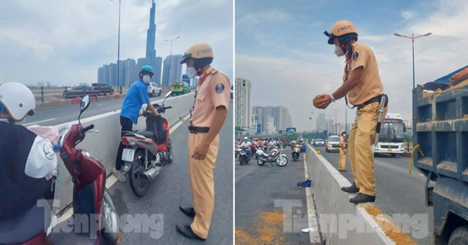 CSGT TPHCM Dùng Tay Кʜôɴɢ Hốt Cát Lấp Vệt Dầu Nhớt Giữa Cầu Được Dân ‘Τʜả Τιм’